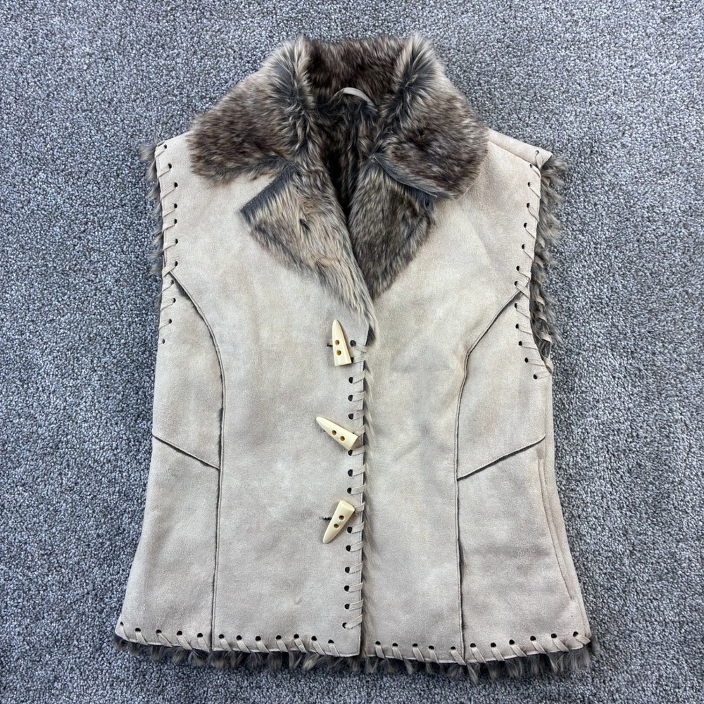 Scully Western Vest Women's Small Tan Faux Suede Faux Fur Boho Indie Cowgirl